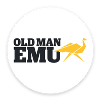 Logo of Old Man Emu with a yellow emu silhouette on a white background