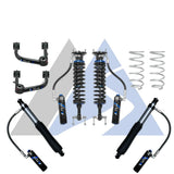 A set of automotive suspension components, including coilover shocks, control arms, springs, and brake lines, arranged on a white background with a faint blue and gray logo.