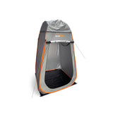 Portable shower tent with gray and orange design on a white background