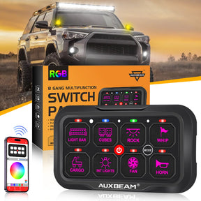 Auxbeam RGB switch panel with glowing purple switches in front of a black 4Runner