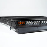 LED light bar mounted to roof rack with multiple lights on a white background