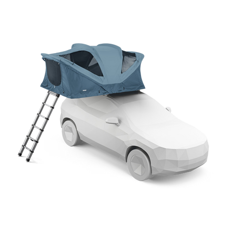 A blue rooftop tent mounted on top of a white car, with a black ladder extending from the side, shown on a clean white background.