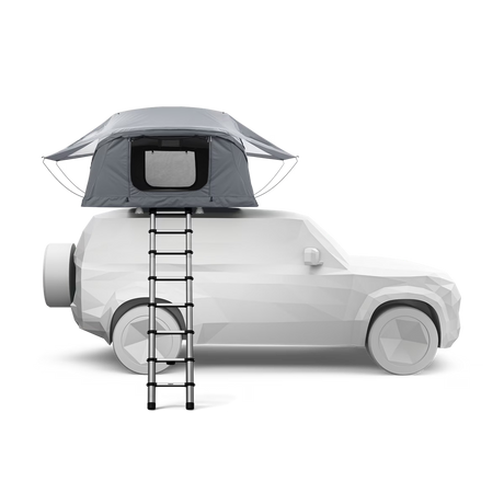 Car with a rooftop tent and ladder on a white background