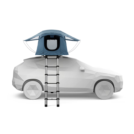Car with a rooftop tent and ladder on a white background
