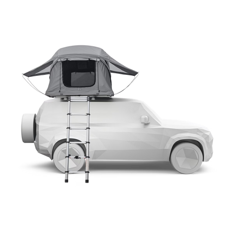 Car with a rooftop tent and ladder on a transparent background