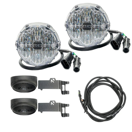 White SAE Plug n Play lights sitting on white background facing forward with plug and brackets below