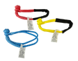 Set of three soft rope shackles in red, blue, and yellow with tags on a white background