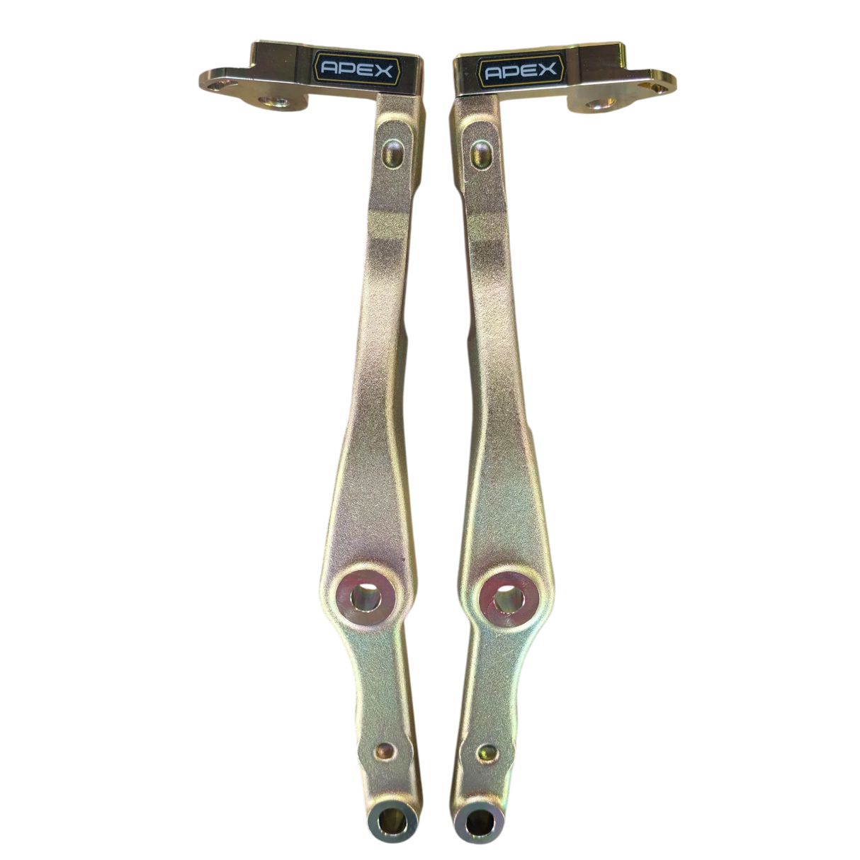 Two metallic suspension links with 'APEX' branding on a white background