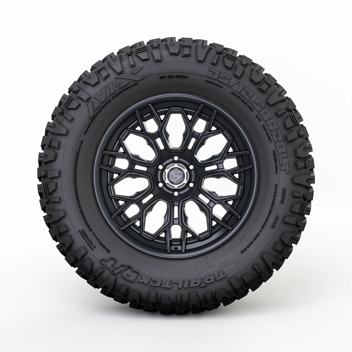 Black off-road tire with a detailed tread pattern on a white background