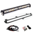 Car LED light bar with mounting bracket and wiring harness on a white background