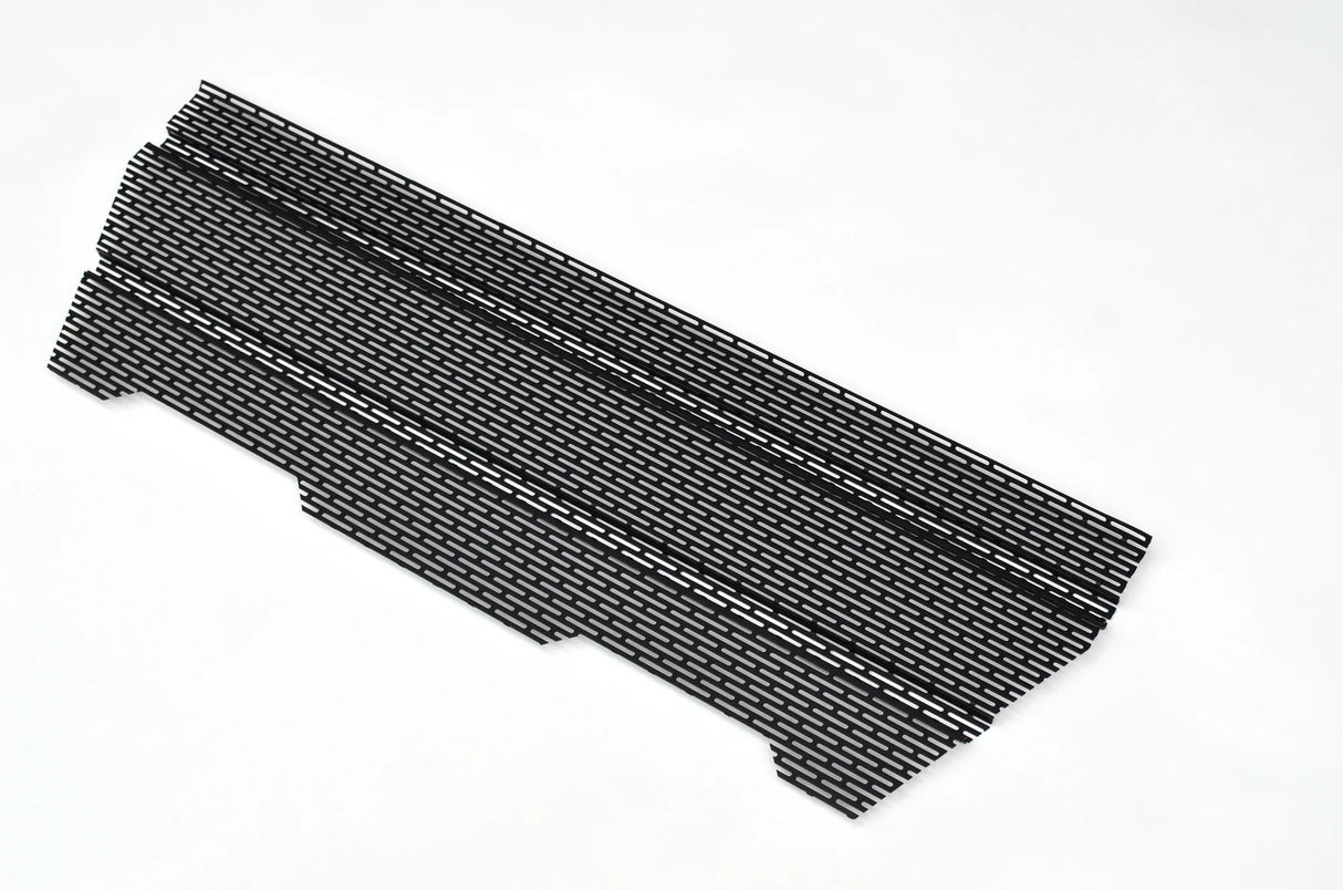 Rectangular black mesh grille with textured surface on a white background