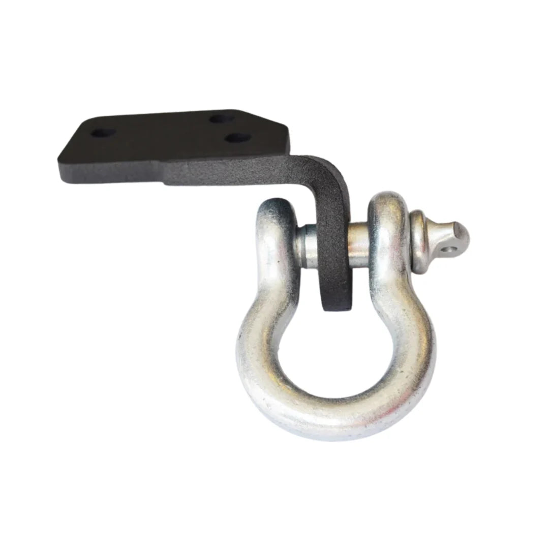 Metal shackle with black mounting bracket on a white background