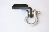 Metal shackle with black mounting bracket on a white background