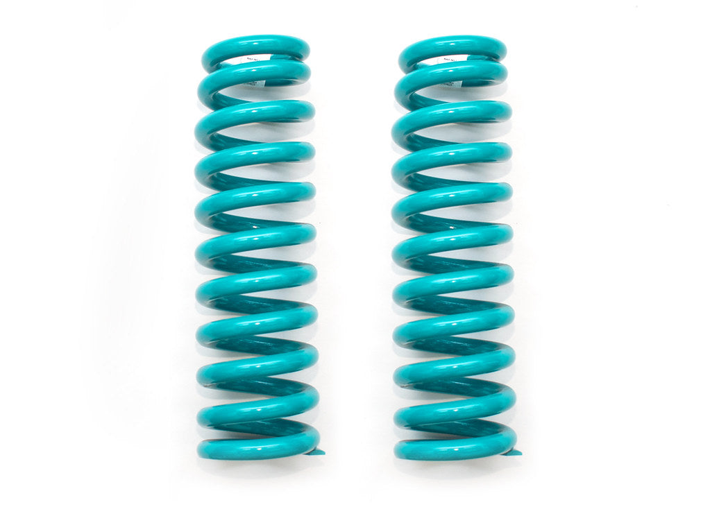 Two turquoise coil springs on a white background