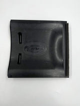 Black plastic component with branding on a white background