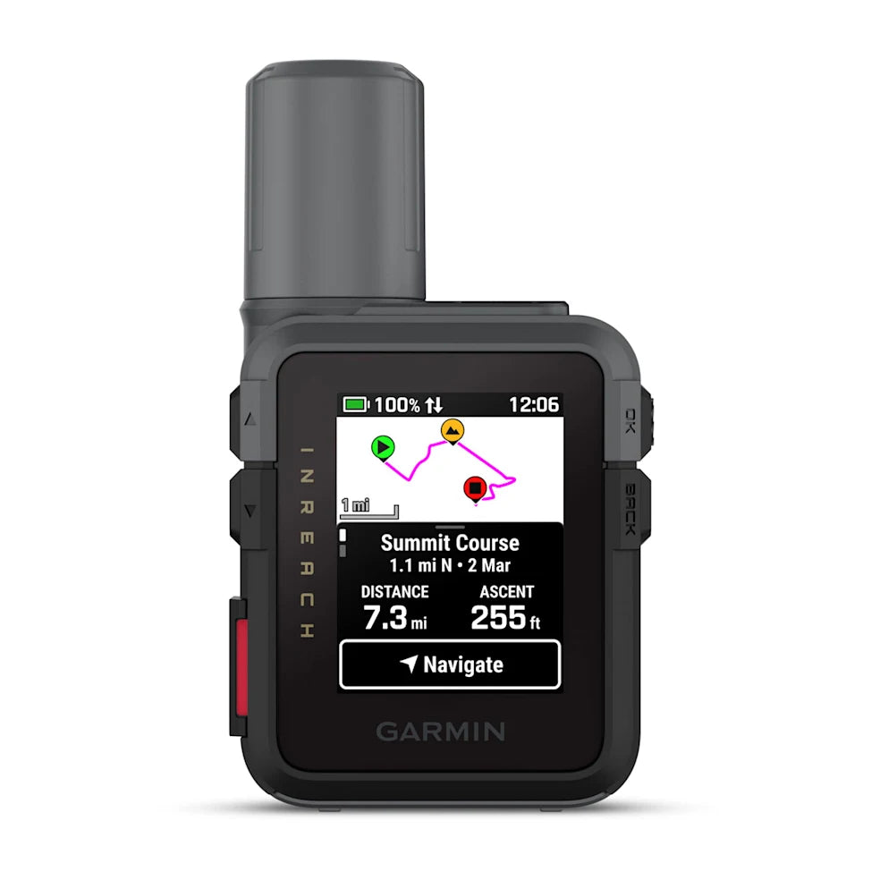 Garmin InReach device with display showing navigation information on a white background