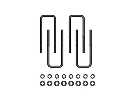 Set of black metal u-bolts and washers on a white background