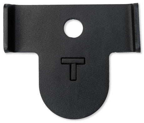 Black metal bracket with a U-shaped design and central hole on a white background