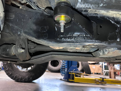 Close-up of a car suspension system with a focus on a shock absorber.