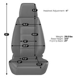 Gray car seat with measurements on a white background