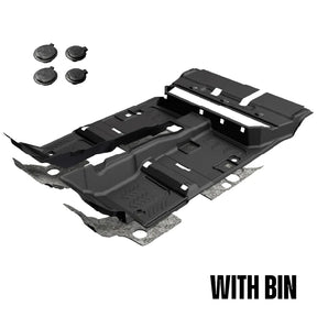 Angled black Armorlite flooring front and rear of cab with bin