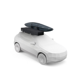 White toy car with a black roof rack and surfboard on a white background