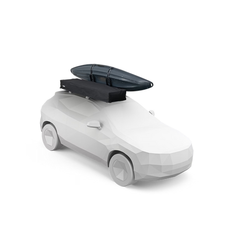 White toy car with a black roof rack and surfboard on a white background