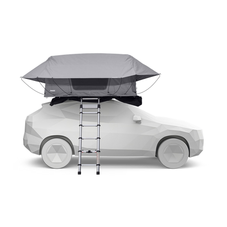 Roof top tent on a car with ladder on a white background