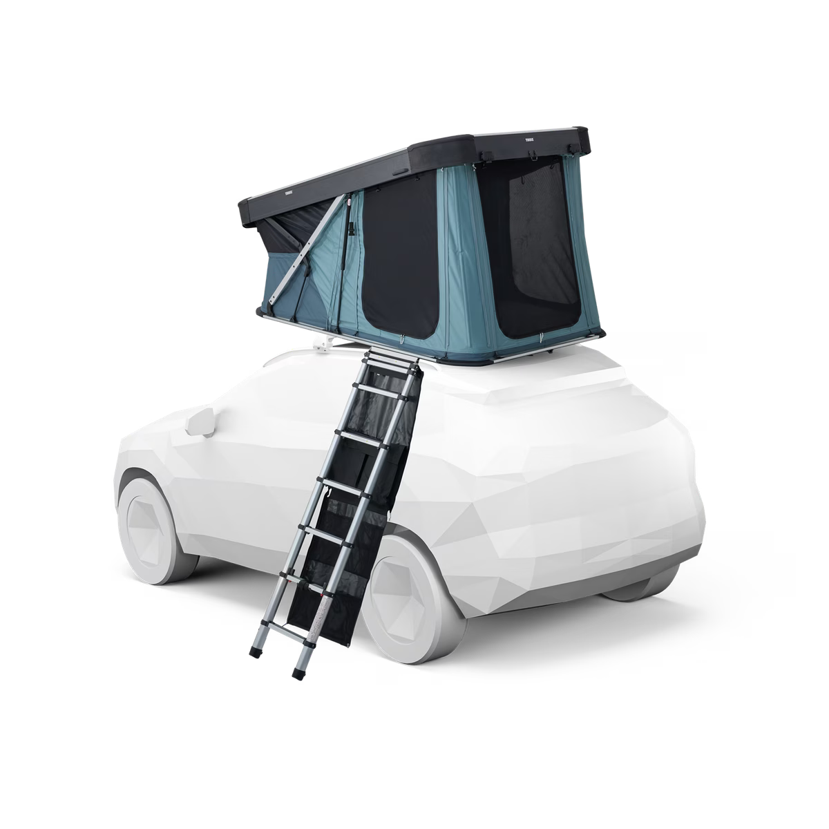 Car with a rooftop tent and ladder on a white background