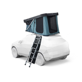 Car with a rooftop tent and ladder on a white background