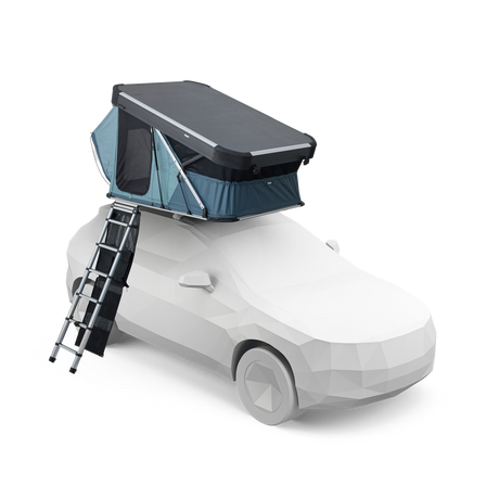 Car with a rooftop tent and ladder on a white background