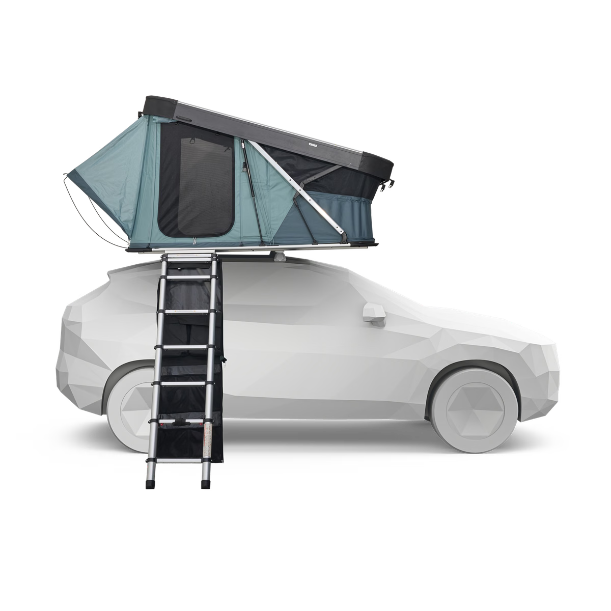 Car with a rooftop tent and ladder on a white background