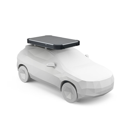 White car with a black roof box on a white background