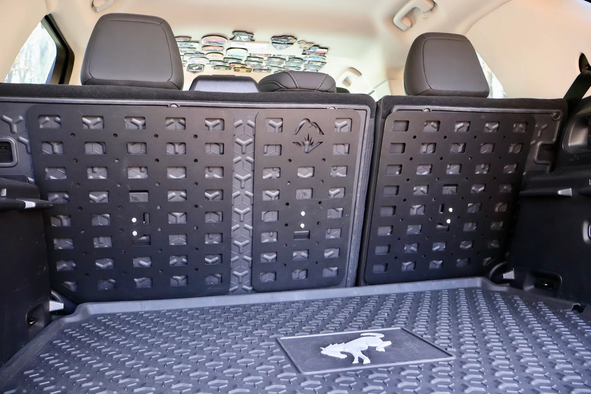 Car trunk with a black cargo liner and a gray mat.