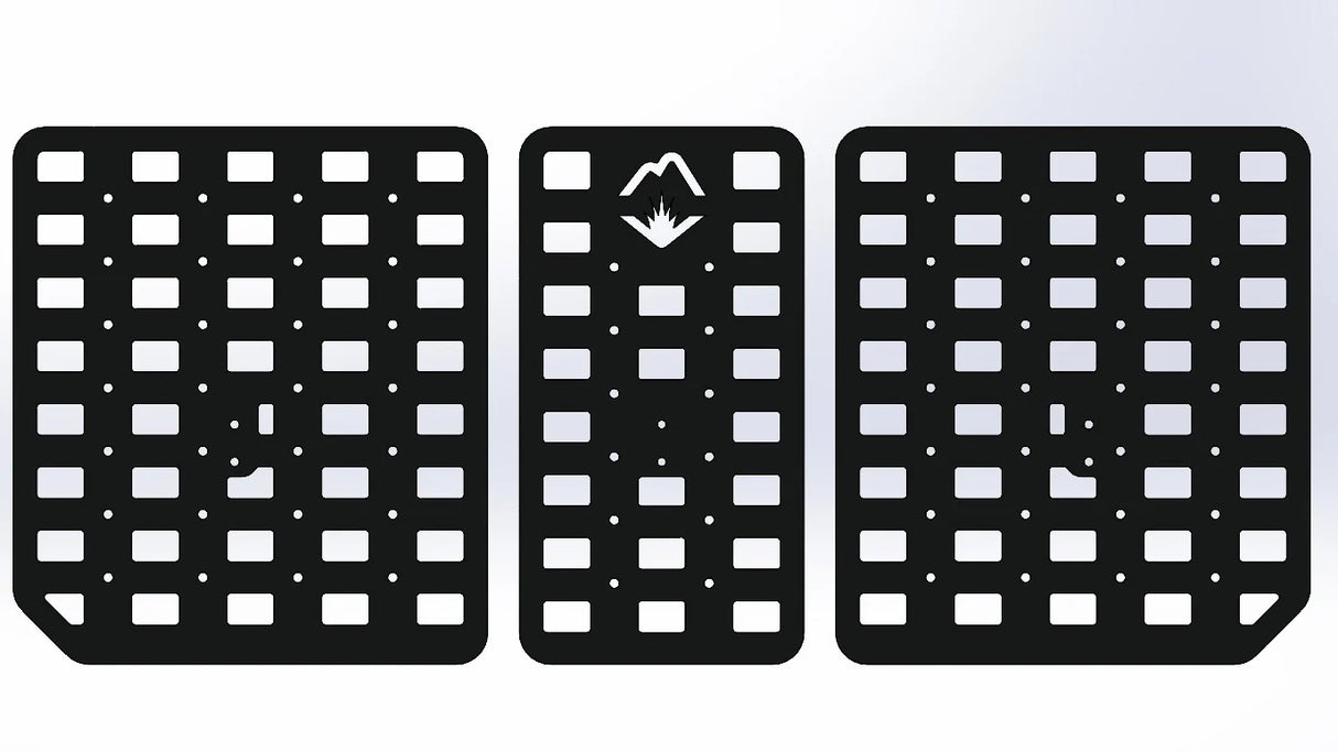 Three black grid-patterned mats with a central logo on a white background