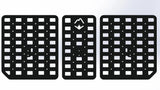 Three black grid-patterned mats with a central logo on a white background