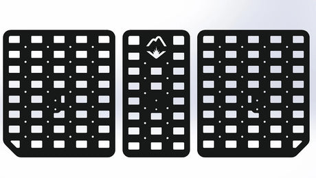 Three black grid-patterned mats with a central logo on a white background