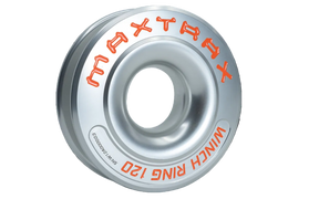 A silver MAXTRAX Winch Ring 120, made from polished and brushed aluminum with an anodized finish. It is displayed alongside a core shackle which is marked as a bonus.