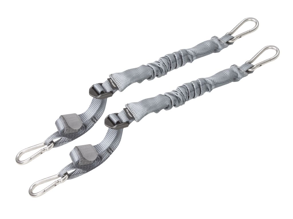 A pair of gray Stratchit Shorties with ratcheting performance, designed for securing cargo on vehicle racks, complete with carabiner hooks.